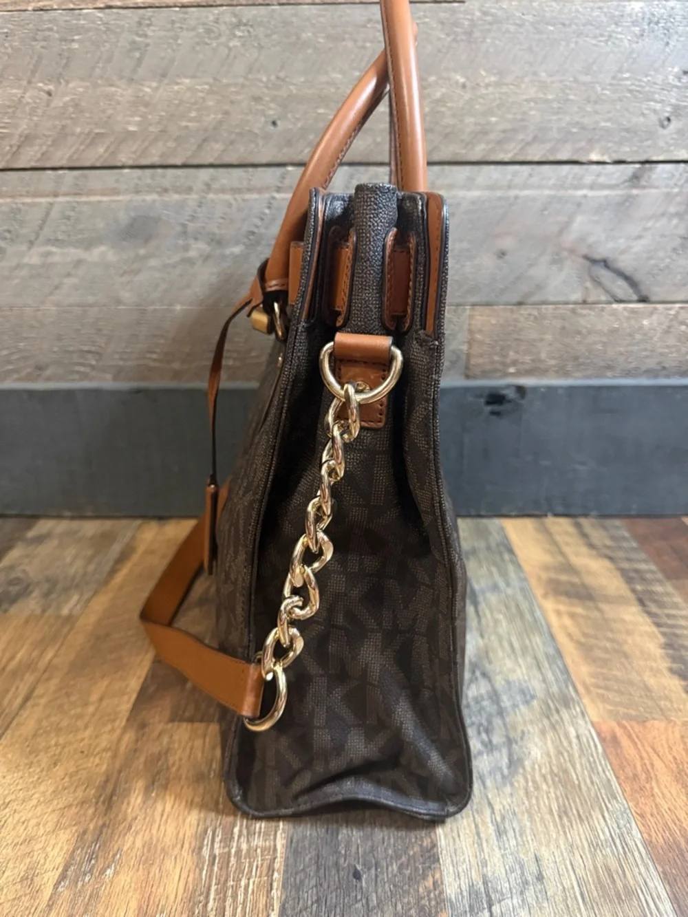 Michael Kors Hamilton Large Tote Brown MK Logo Leather Trim Like New w/ Strap